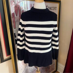 Talbots: Navy Blue White Stripped Knit 100% Cotton Long Sleeve Sweater Size MP